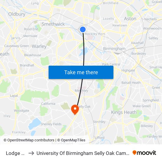 Lodge Rd to University Of Birmingham Selly Oak Campus map