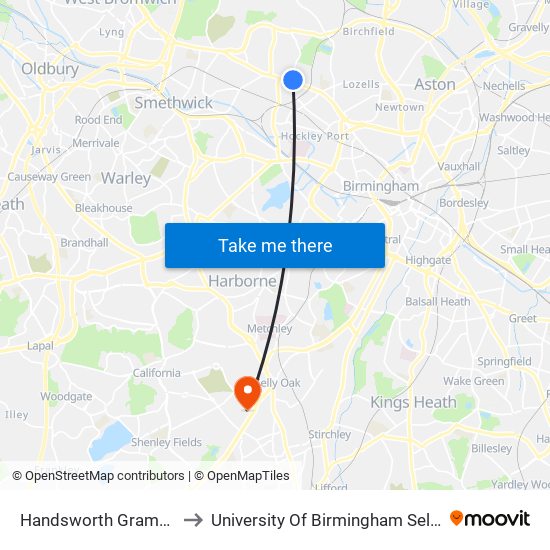 Handsworth Grammar School to University Of Birmingham Selly Oak Campus map