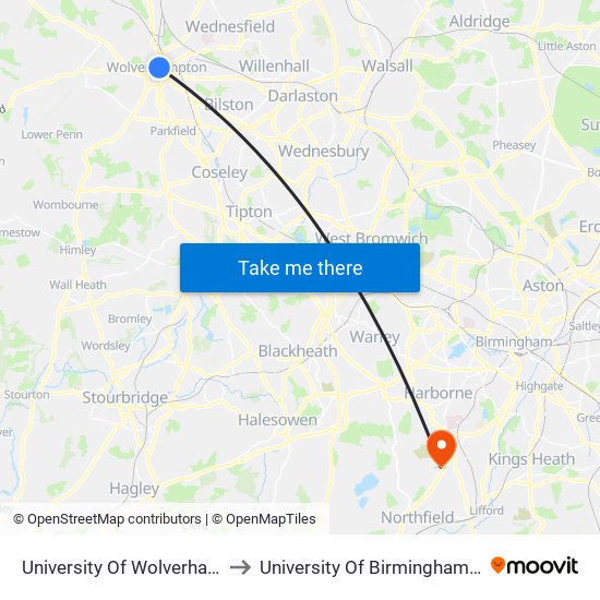 University Of Wolverhampton (Stop Ad) to University Of Birmingham Selly Oak Campus map