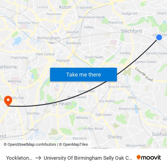 Yockleton Rd to University Of Birmingham Selly Oak Campus map