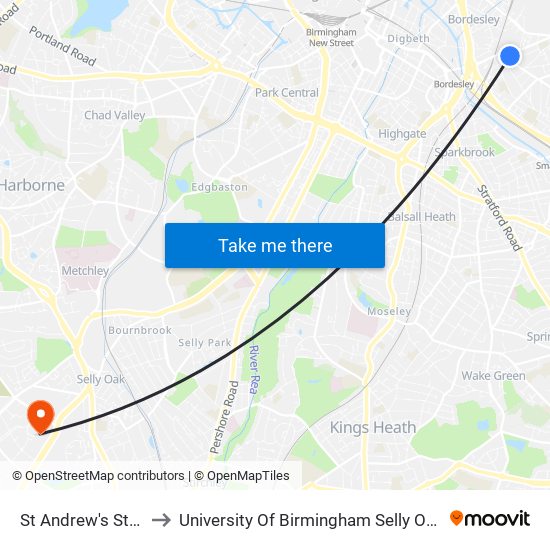 St Andrew's Stadium to University Of Birmingham Selly Oak Campus map