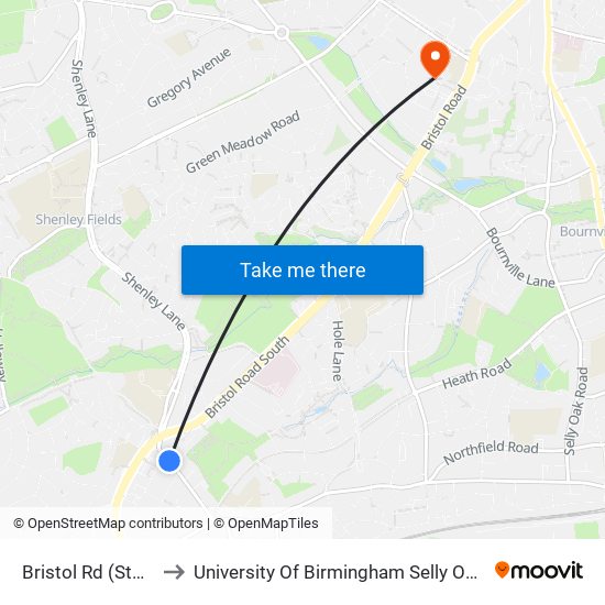 Bristol Rd (Stop Nc) to University Of Birmingham Selly Oak Campus map