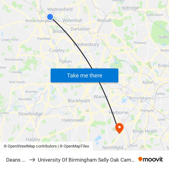 Deans Rd to University Of Birmingham Selly Oak Campus map