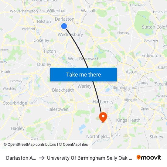 Darlaston Asda to University Of Birmingham Selly Oak Campus map