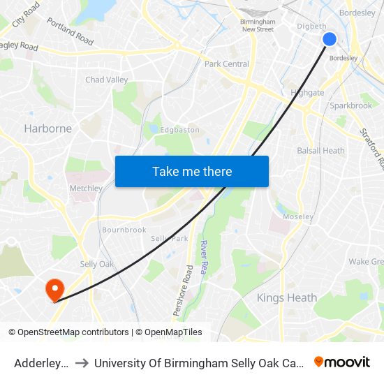 Adderley St to University Of Birmingham Selly Oak Campus map