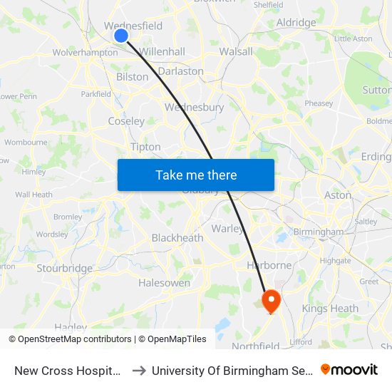 New Cross Hospital (Stop N5) to University Of Birmingham Selly Oak Campus map