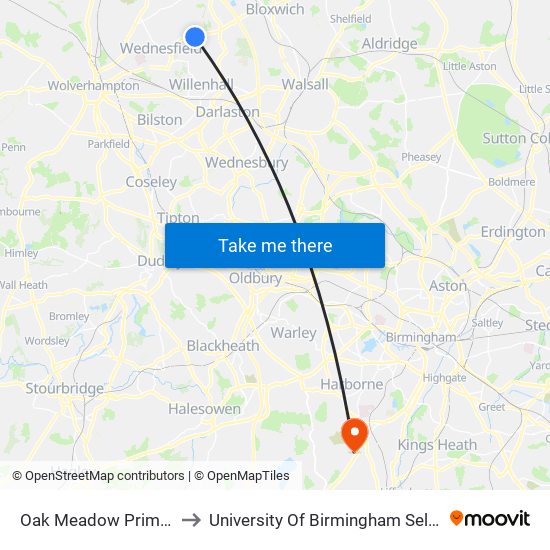 Oak Meadow Primary School to University Of Birmingham Selly Oak Campus map