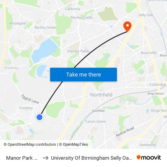 Manor Park Grove to University Of Birmingham Selly Oak Campus map