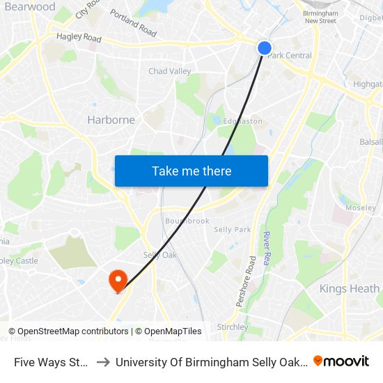 Five Ways Station to University Of Birmingham Selly Oak Campus map