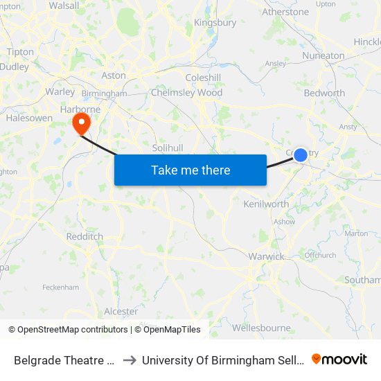Belgrade Theatre (Stop Ul5) to University Of Birmingham Selly Oak Campus map