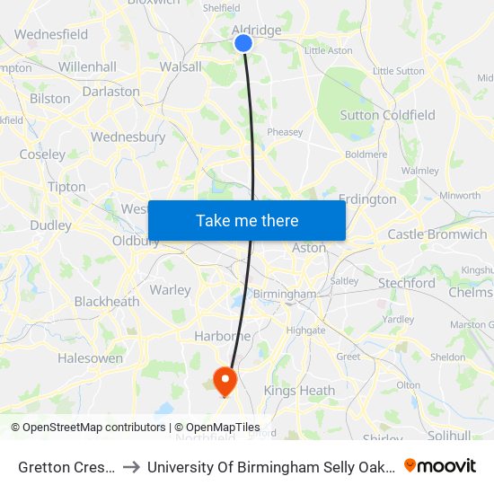 Gretton Crescent to University Of Birmingham Selly Oak Campus map