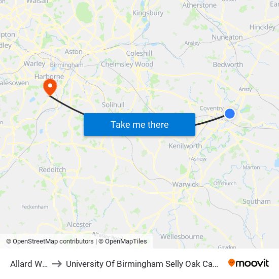 Allard Way to University Of Birmingham Selly Oak Campus map