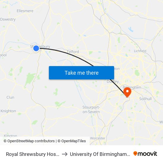 Royal Shrewsbury Hospital to University Of Birmingham Selly Oak Campus map