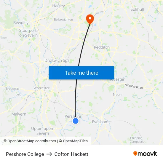 Pershore College to Cofton Hackett map