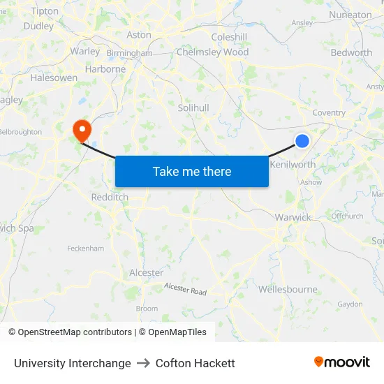 University Interchange to Cofton Hackett map