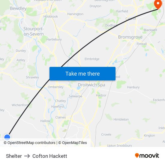 Shelter to Cofton Hackett map