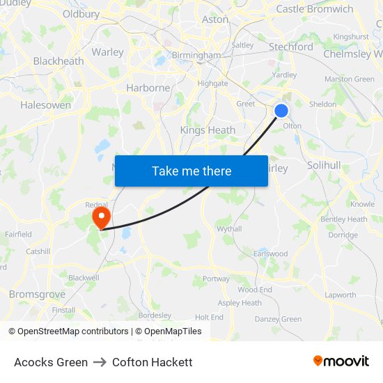 Acocks Green to Cofton Hackett map