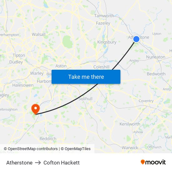 Atherstone to Cofton Hackett map