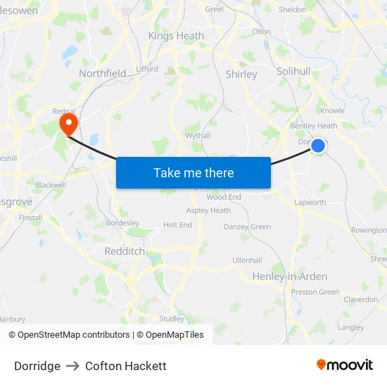 Dorridge to Cofton Hackett map