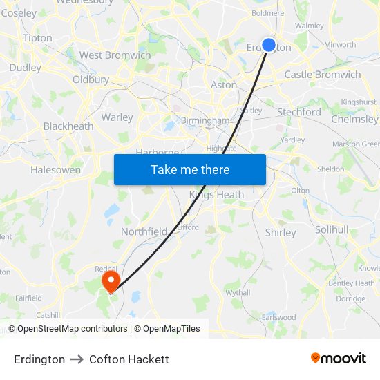 Erdington to Cofton Hackett map