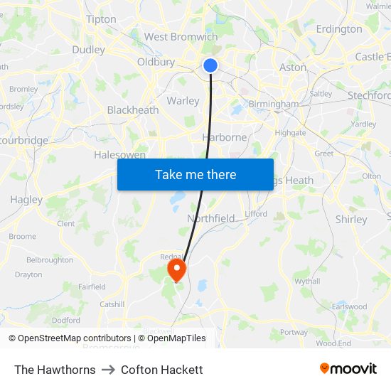 The Hawthorns to Cofton Hackett map