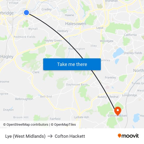 Lye (West Midlands) to Cofton Hackett map