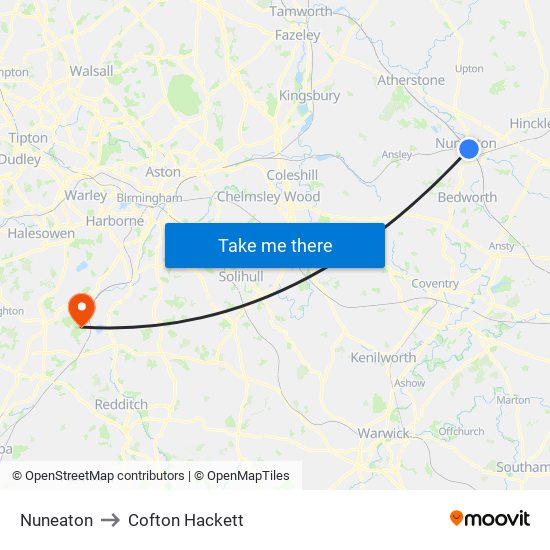 Nuneaton to Cofton Hackett map