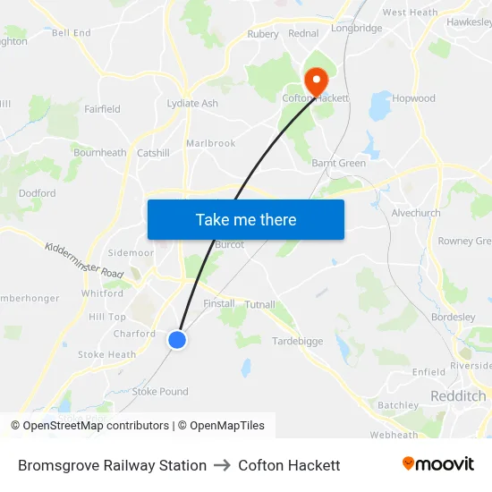 Bromsgrove Railway Station to Cofton Hackett map