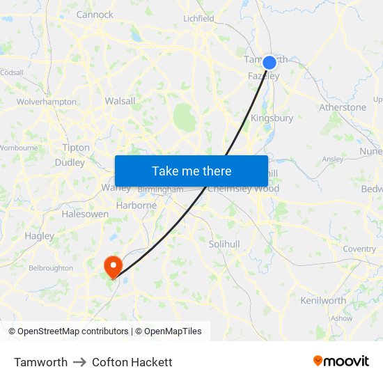 Tamworth to Cofton Hackett map