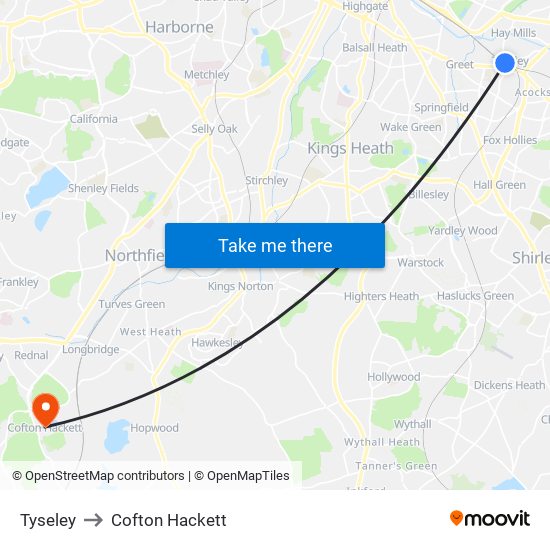 Tyseley to Cofton Hackett map