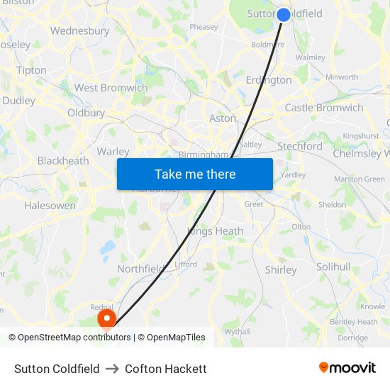 Sutton Coldfield to Cofton Hackett map