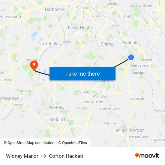 Widney Manor to Cofton Hackett map