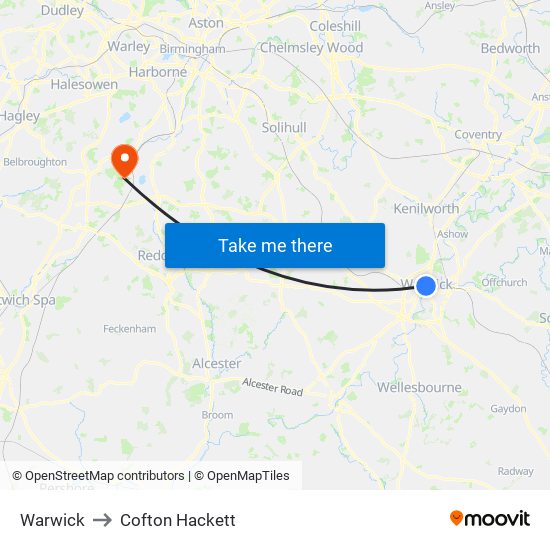 Warwick to Cofton Hackett map