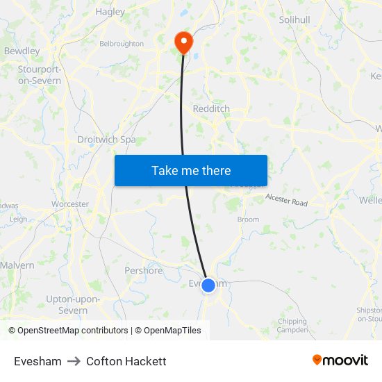 Evesham to Cofton Hackett map