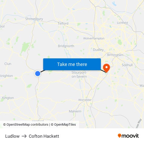 Ludlow to Cofton Hackett map