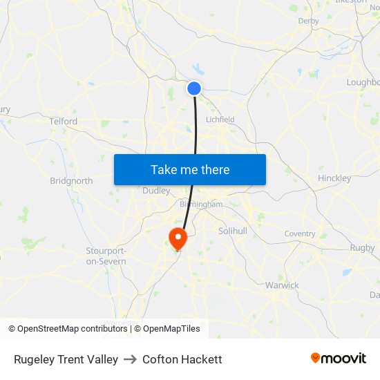 Rugeley Trent Valley to Cofton Hackett map