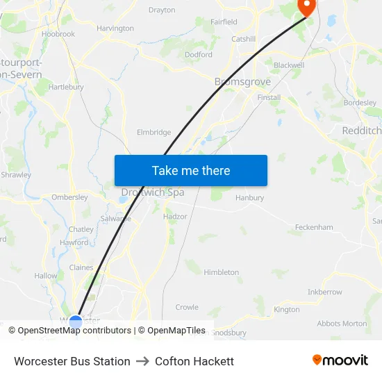 Worcester Bus Station to Cofton Hackett map