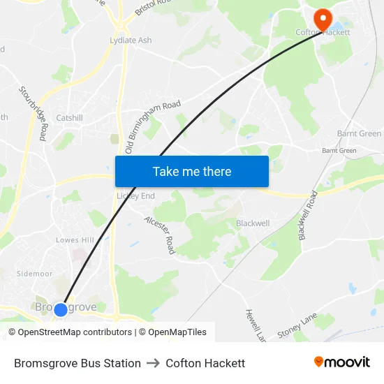 Bromsgrove Bus Station to Cofton Hackett map