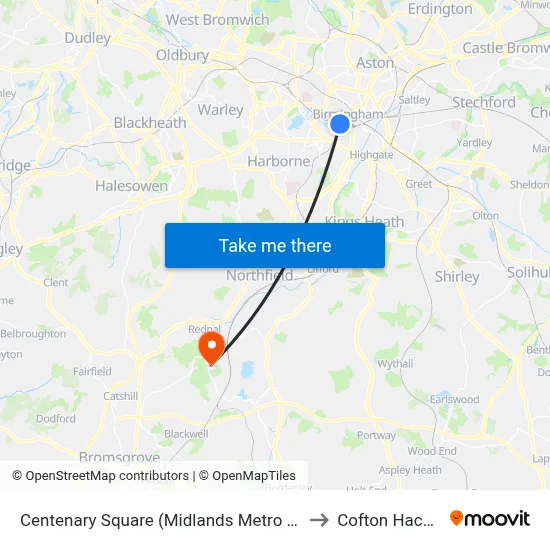 Centenary Square (Midlands Metro Stop) to Cofton Hackett map