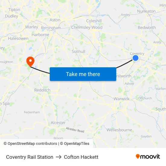 Coventry Rail Station to Cofton Hackett map