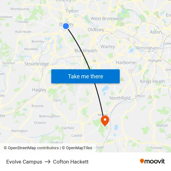 Evolve Campus to Cofton Hackett map