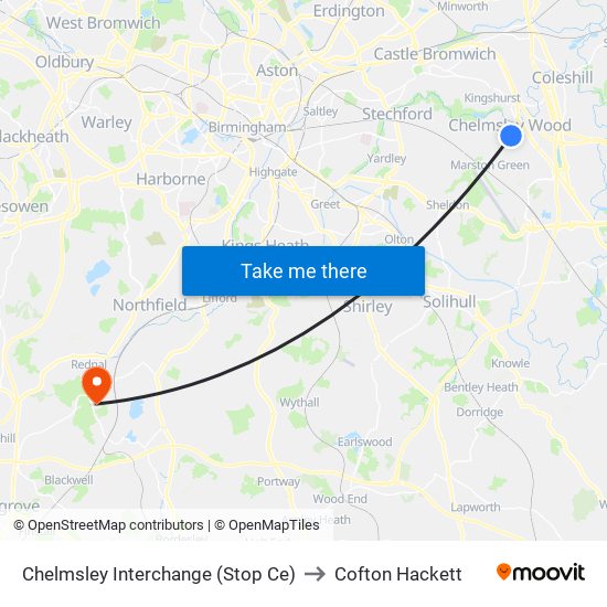 Chelmsley Interchange (Stop Ce) to Cofton Hackett map