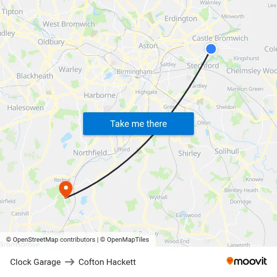 Clock Garage to Cofton Hackett map