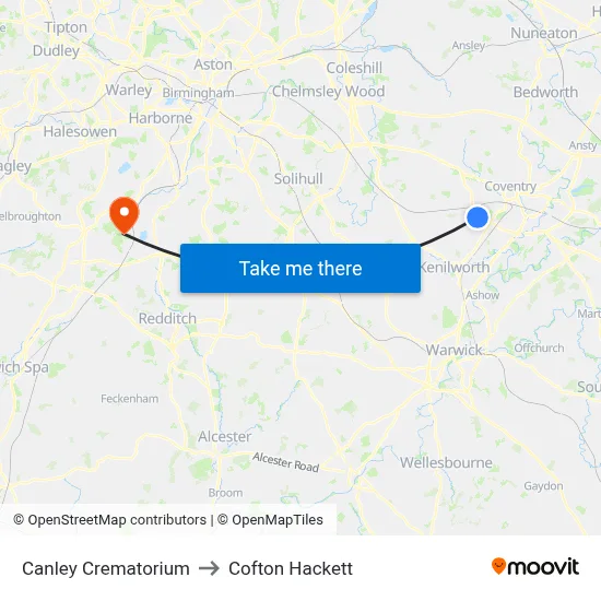 Canley Crematorium to Cofton Hackett map