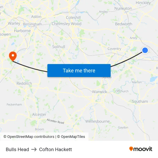 Bulls Head to Cofton Hackett map