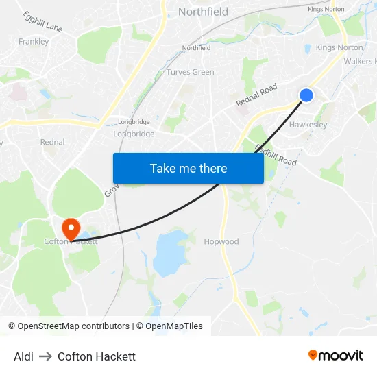 Aldi to Cofton Hackett map