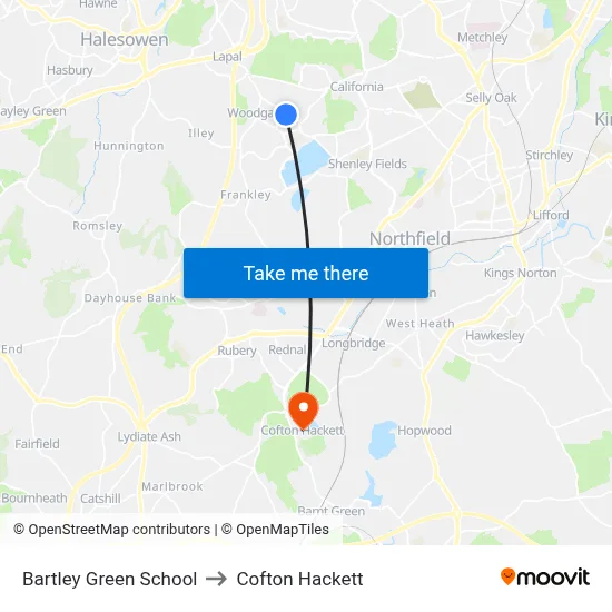 Bartley Green School to Cofton Hackett map