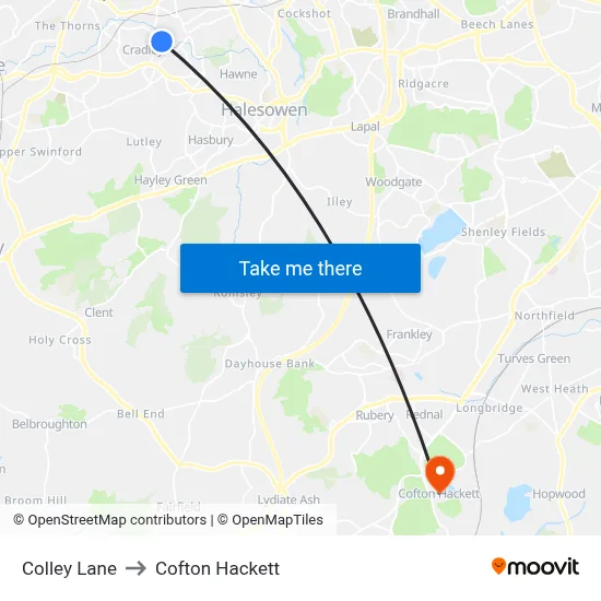Colley Lane to Cofton Hackett map