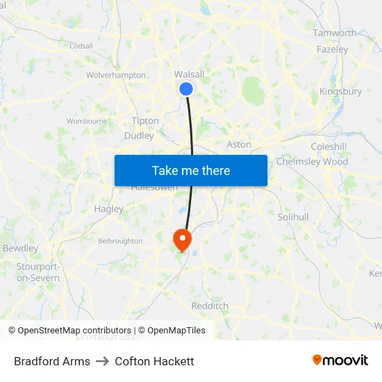 Bradford Arms to Cofton Hackett map