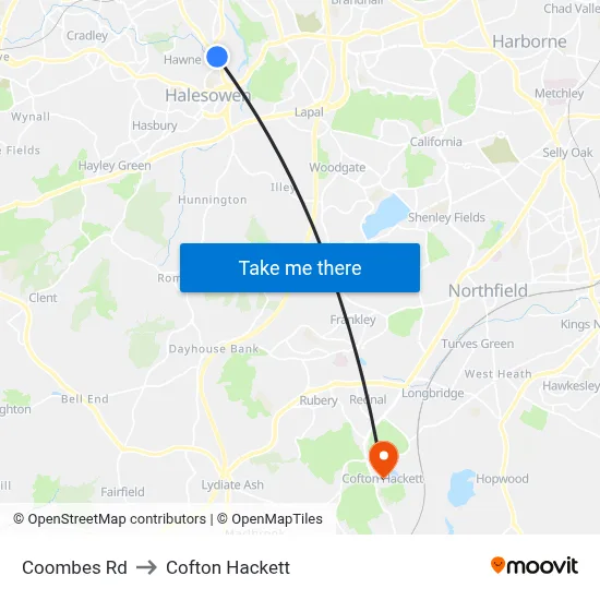 Coombes Rd to Cofton Hackett map